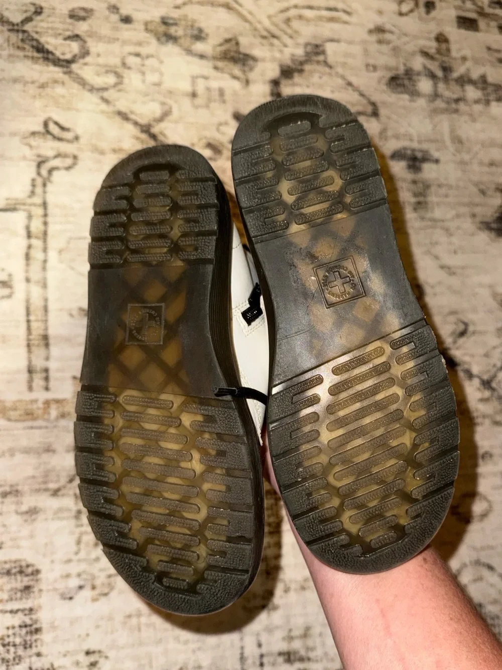 Dr. Martens Black and White Lace-Up Boots with Yellow Heel Loop